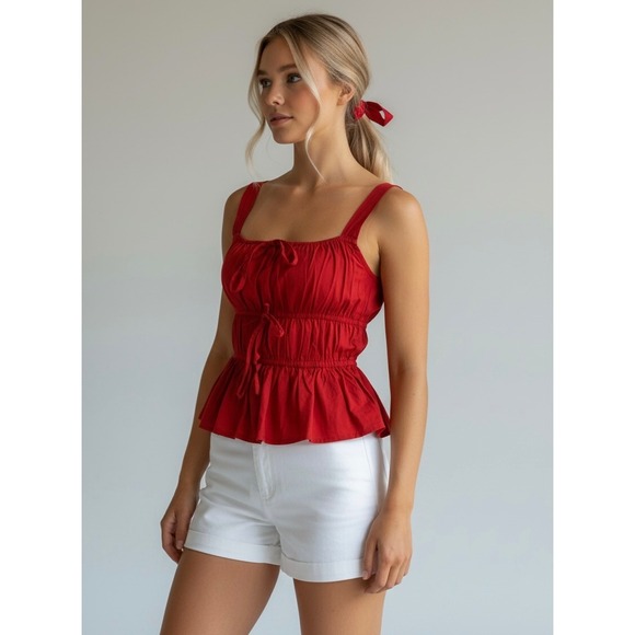 Sim & Sam Tops - Sim & Sam Red Smocked Medium Peplum Cotton Tank Top Cottagecore Boho